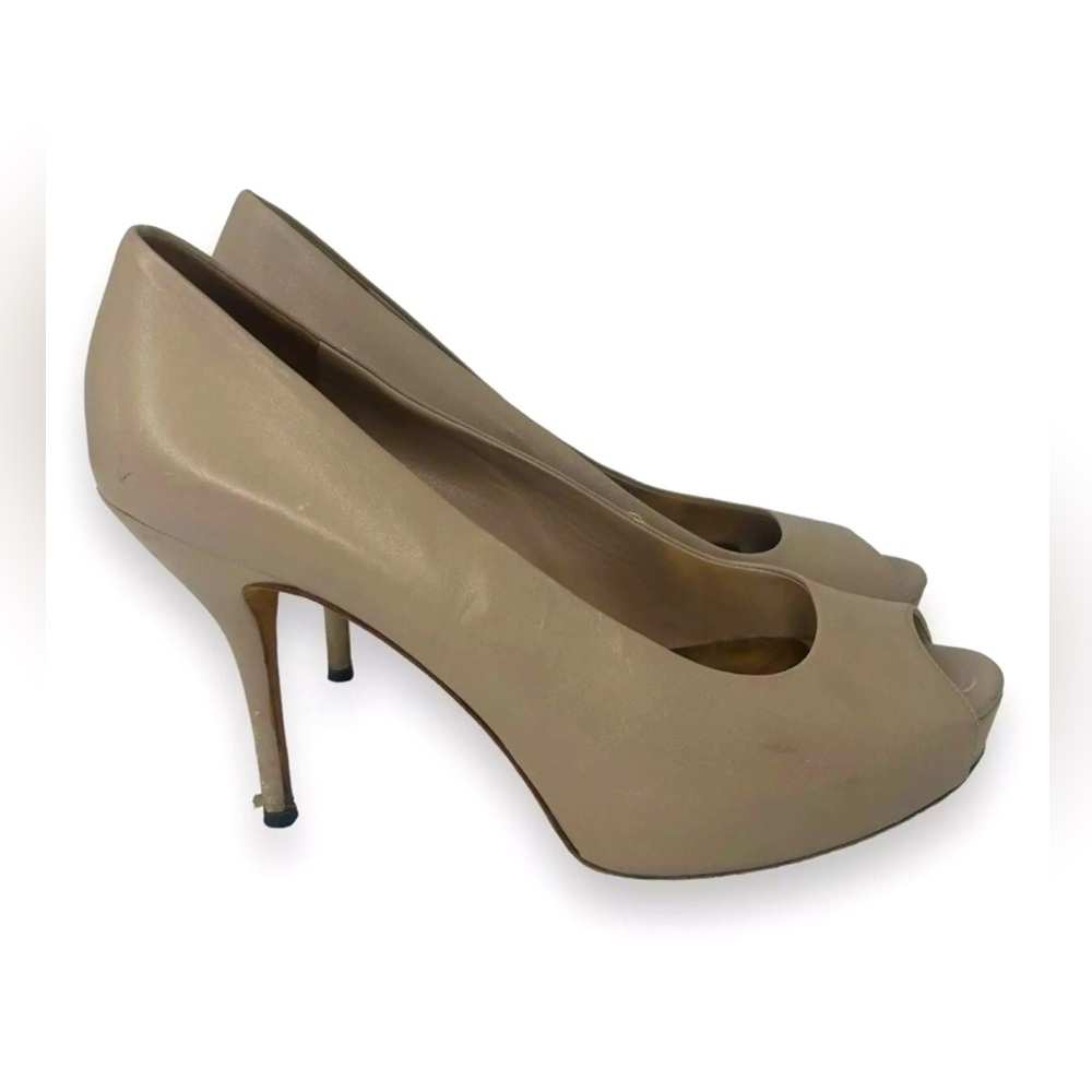 Gucci Heels size 38.5 Tan Leather Pumps Neutral Tan Platform Peep Toe Stilettos